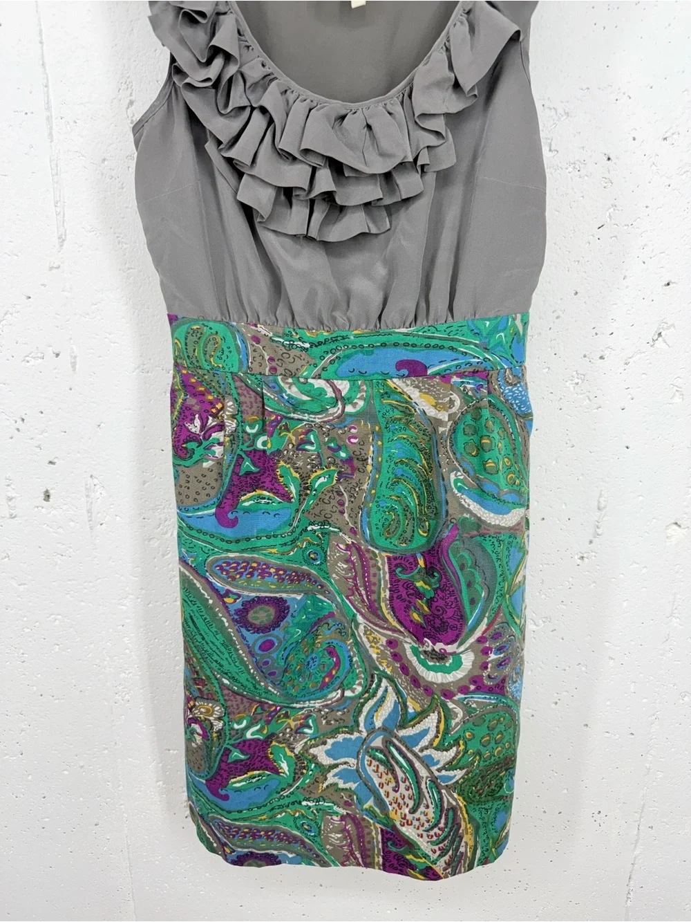 Anthropologie Maeve Size 2 Seaside Fields Sheath Dress gray silk ruffle bodice